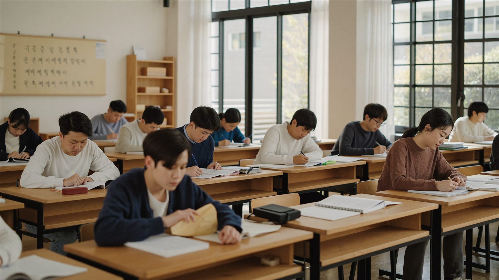 자습실에서 집중해 문제를 푸는 학생들